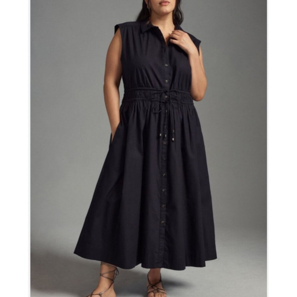 Anthropologie Maeve Midi Dress Size XL 16/18 Black Preppy Cotton Old Money Class - Picture 1 of 11